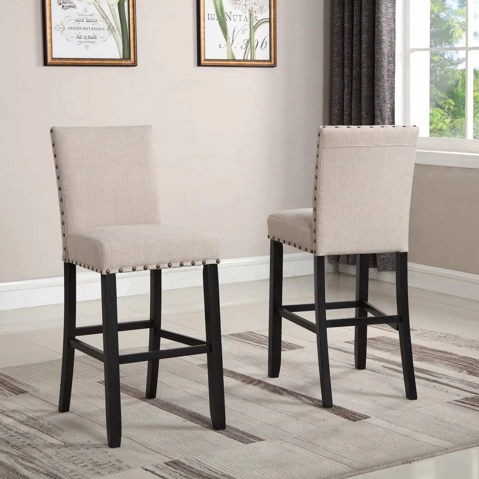 

Fabric and Wood Bar Stool, Tan, Upholstered Back, Set of 2, 29"