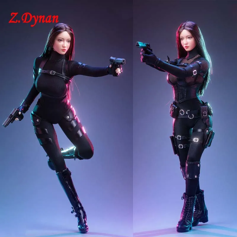 

IN STOCK 3S001 3S002 1/6 Scale female clothes black Leather chest strap tight jumpsuit combat suit fit 12'' action toys