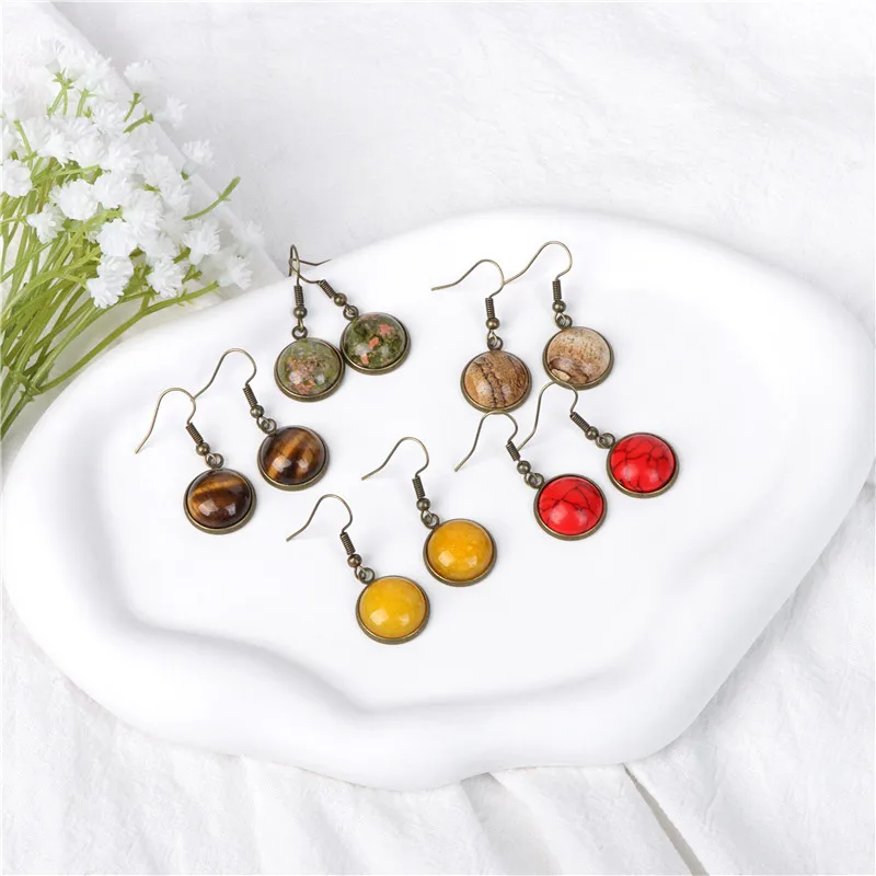 

Vintage Bronze Color Earrings For Women Natural Stone Cabochon Crystal Silvery Dangle Earring Drop Female Wedding Jewelry Gifts