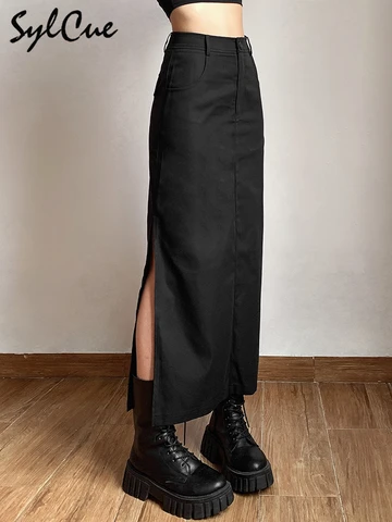 Sylcue Simple Black Split Sexy Slim Hot Versatile Light Cool Thin Summer Women's Mature Feminine Charm Street Skirt Long