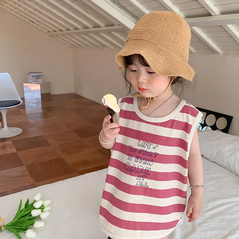 

Летние свободные полосатые жилеты унисекс, Детские хлопковые универсальные топы с надписью