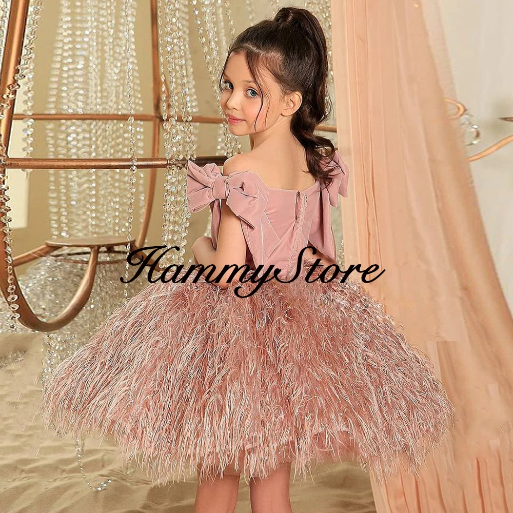 Cute Baby Girl First Communion Dresses Dusty Pink Off The Shoulder Big Bow Top Velvet Feathers Ball Gown Flower Girl Dress