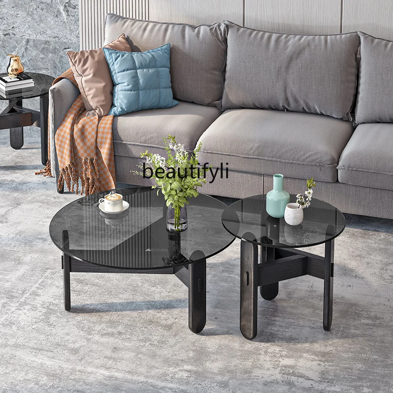 

zqNordic Modern Light Luxury Glass Coffee Table Living Room Home Glass Side Table Solid Wood Sofa Creative Small Coffee Table