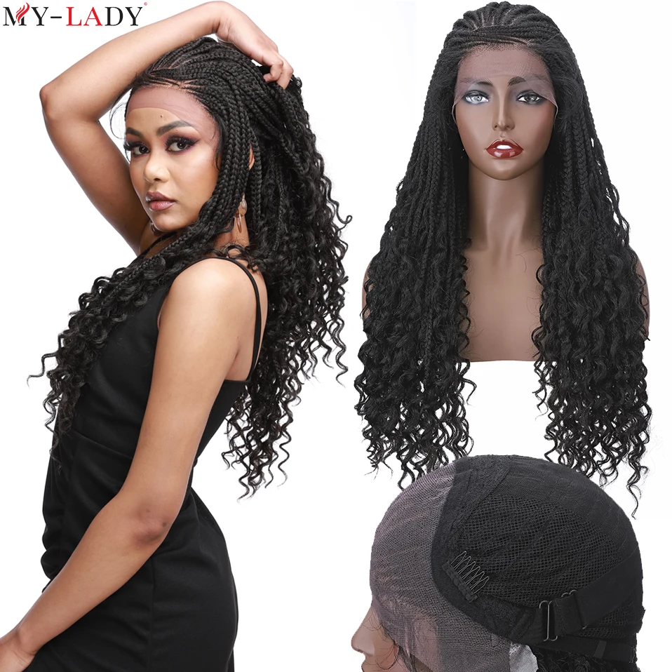 My-Lady Synthetic Braided Lace Front Wig Baby Hair 26inch Cornrow Braids Lace Wigs Curly Ends Frontal Afro Wig Brazilian Braids