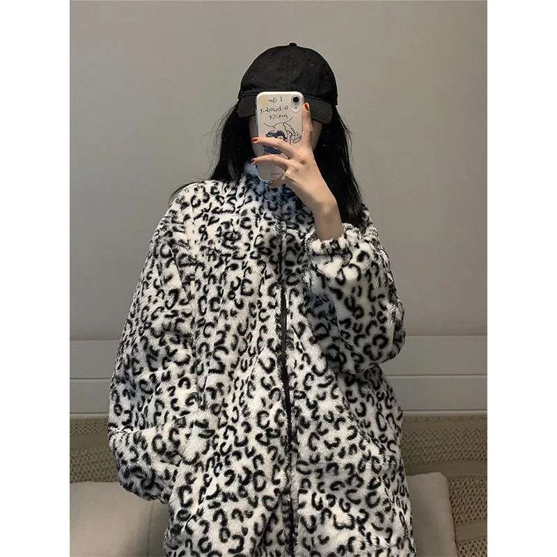 Cows Printing Loose Long Sleeve Jackets Women's Winter Lamb Wool Coat Harajuku Vintage Flannel Keep Warm Cotton Clothes Coats