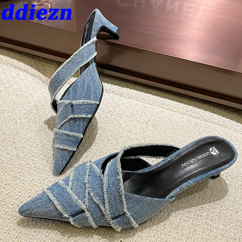 

Туфли-лодочки женские на высоком каблуке, элегантные сланцы из денима, заостренный носок, модная обувь, мюли