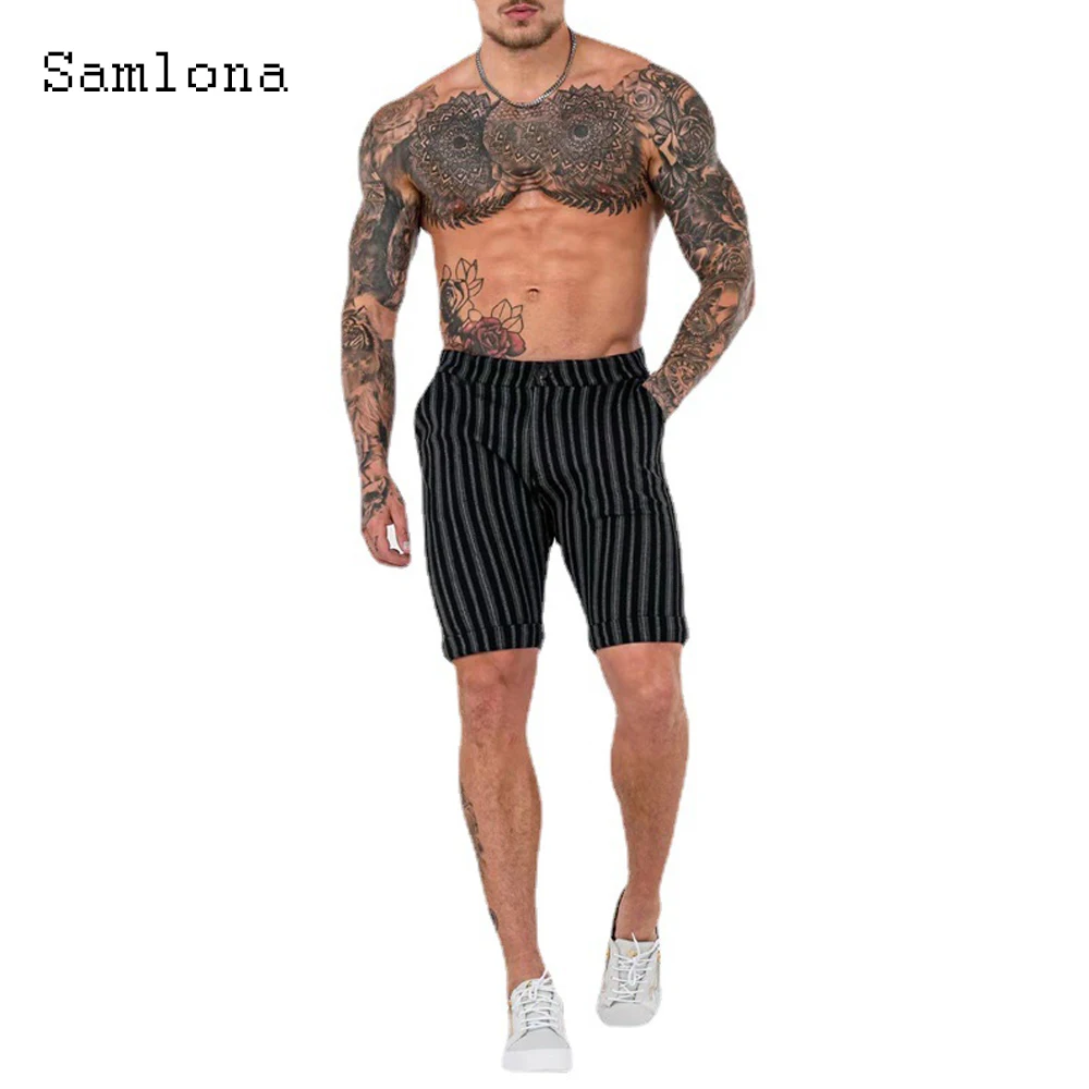 Samlona Men Fashion Stripes Shorts Male Streetwear 2022 Sexy Button Pocket Shorts Mens Casual Skinny Half Pants