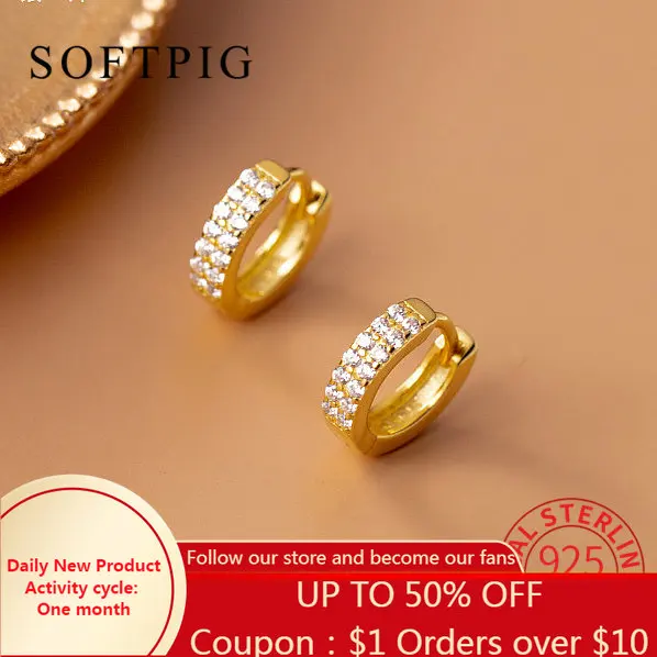 

SOFTPIG Trendy Real 925 Sterling Silver Zircon CZ Round Hoop Earrings For Women Classic Fine Jewelry Geometric Accessories