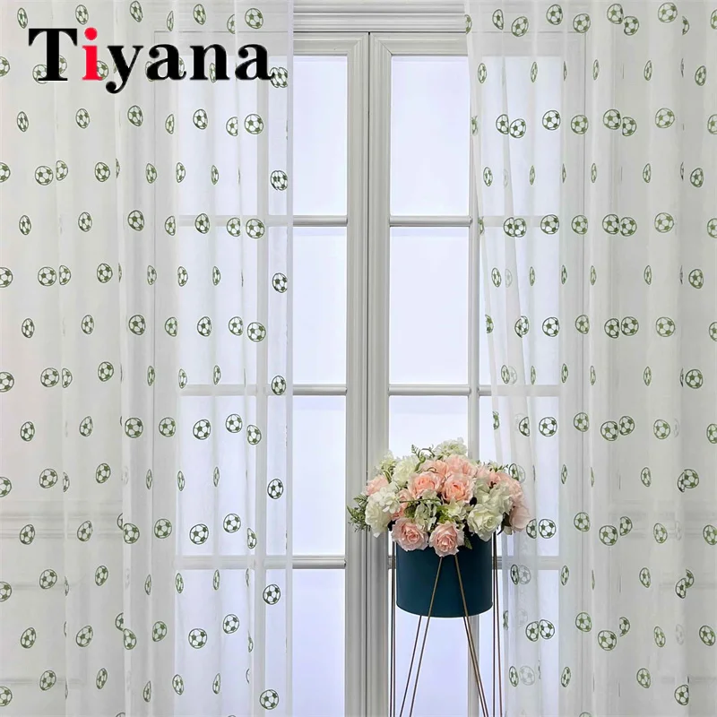 

Cartoon Green Embroidered Football Voile Tulle Curtains For Bedroom Simple All-match Children Boy's Room Window Sheer Drapes
