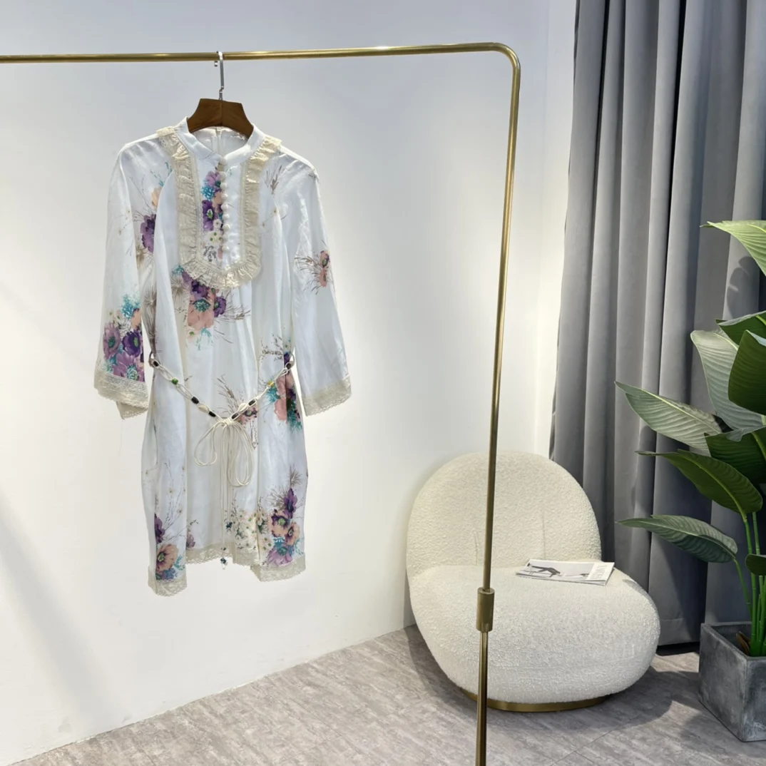 

2022 New Summer Ladies Top Quality Shells Belt Linen Ruffled Lace Patchwork Flower Print White Loose Mini Dresses