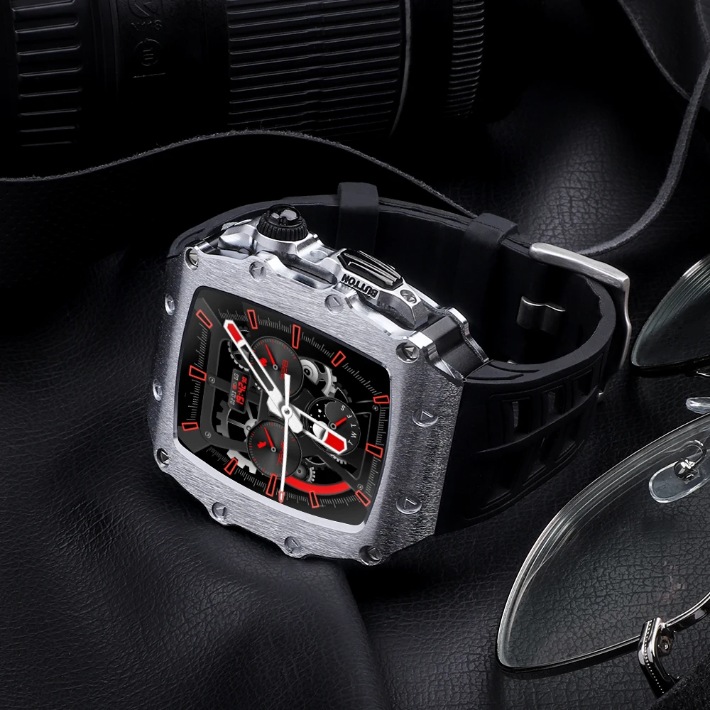 Stainless Steel Bezel for Apple Watch 8 7 6 5 4 SE Rubber Watch Band for Iwatch Series 44mm 45mm DIY Modification Accessories