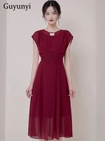 elegant fashion party dress 2022 summer vintage wine red chiffon o neck sleeveless high waist line temperament womens dresses