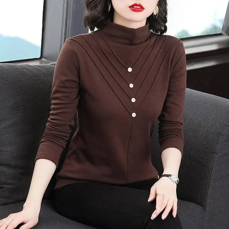 

Half High Collar Plus Thickened Bottoming Shirt Women's Autumn Winter Pullovers Tshirt Middle-aged Mother Long-sleeved Tops