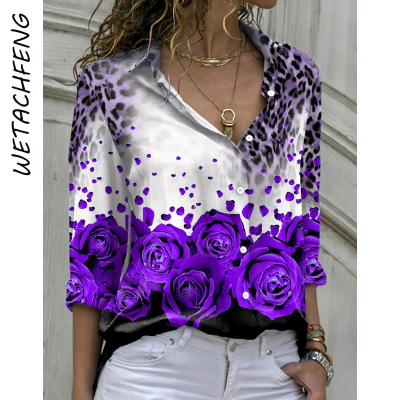 

Блузка и топ женские с леопардовым цветочным принтом, элегантная повседневная модная туника на пуговицах с длинным рукавом, рубашка оверсайз, женская одежда, 2022