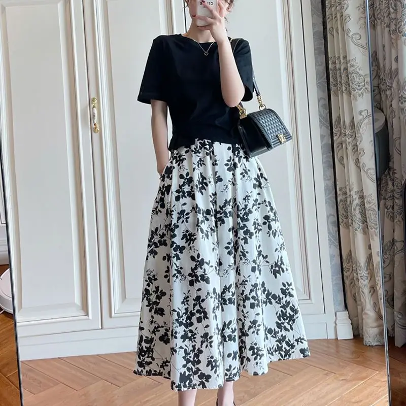 

Elegant 2 Piece Sets Women Short Sleeve Tops + Casual Black Midi Skirt 2023 Summer Retro Office Lady Korean Skirts Suits Q213
