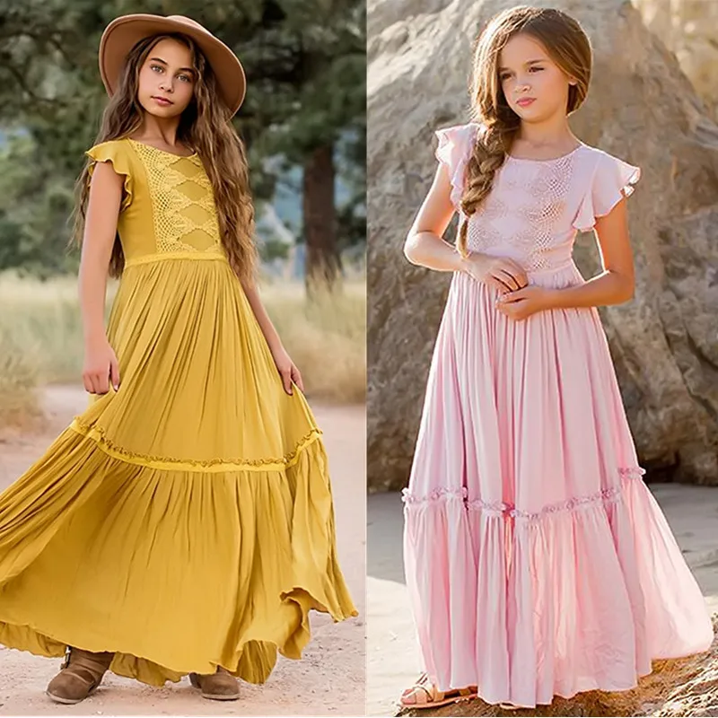 

Summer New Girl Lace Floral Dress Kids Boho Short Sleeve Maxi Long Vestido Flower Girls Dresses For Wedding Kid Birthday Clothes