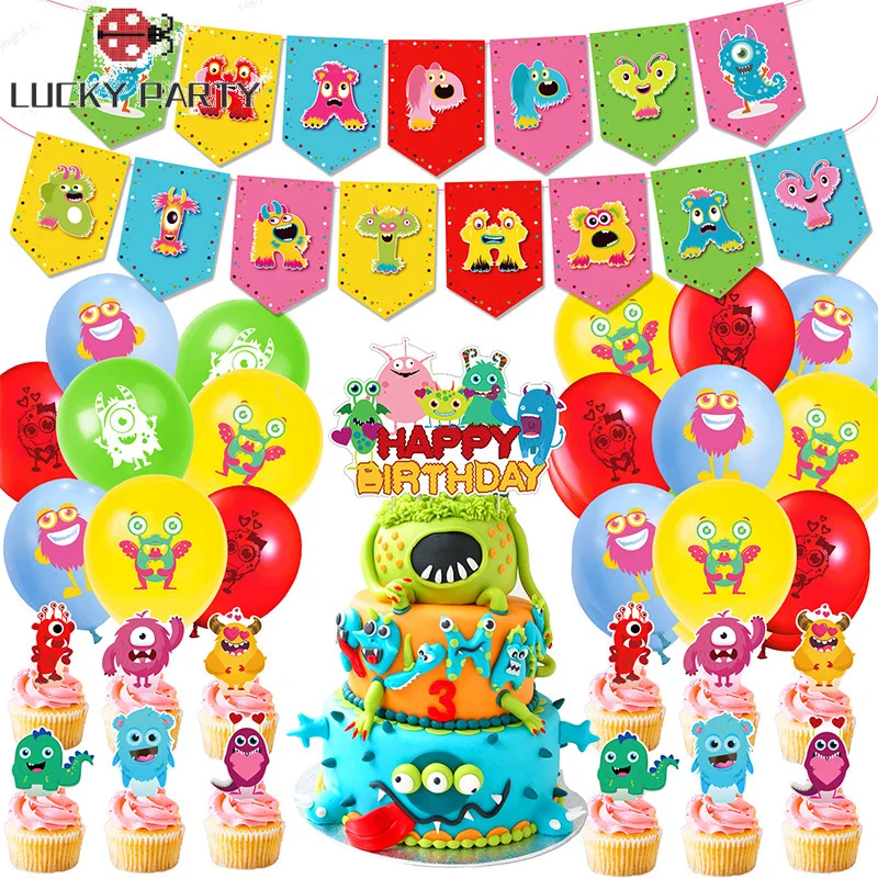 

Маленькие монстры, блестящие украшения, латексные воздушные шары, баннеры, торт, Топпер, детские товары для мальчиков, детский душ, игрушки ...