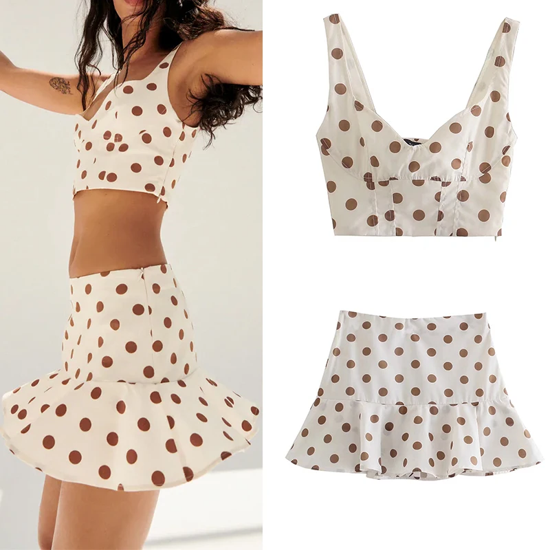 

Summer 2022 Women Sleeveless Cropped Polka Dot Tops With High Waist Mini A-Line Skirts Sweet Sets OP9704