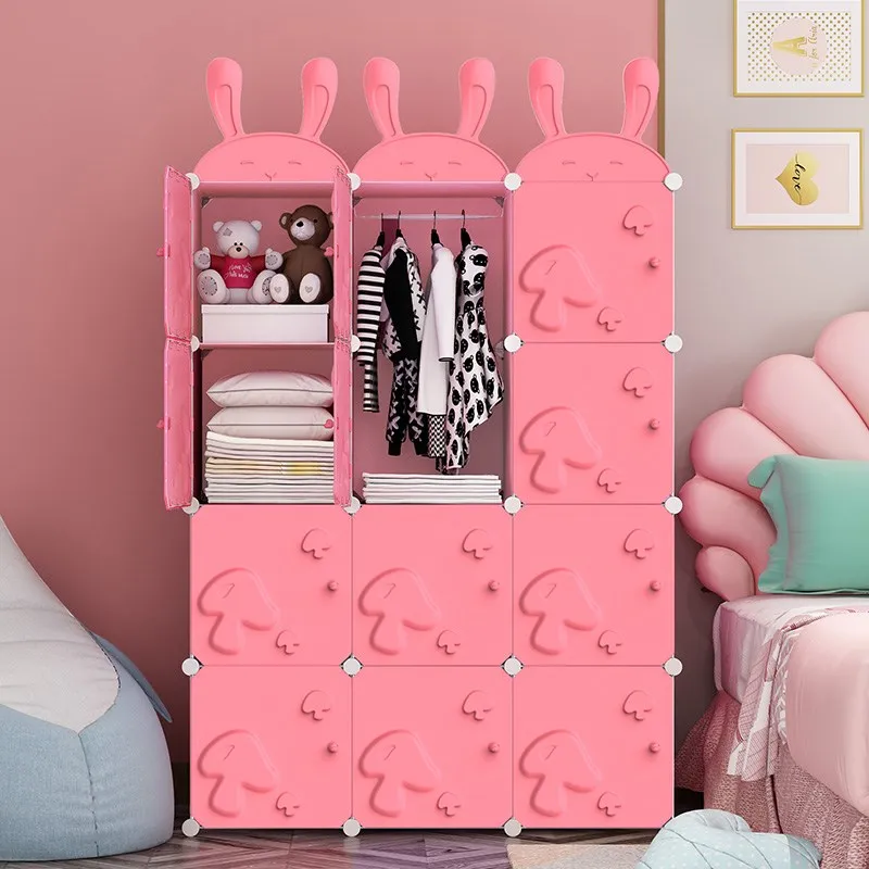 

Pink Cartoon Girls Bedroom Wardrobe PP Plastic Wardrobe Children Clothes Storage Kids Closet Cabinet Metal Frame Hanging B657