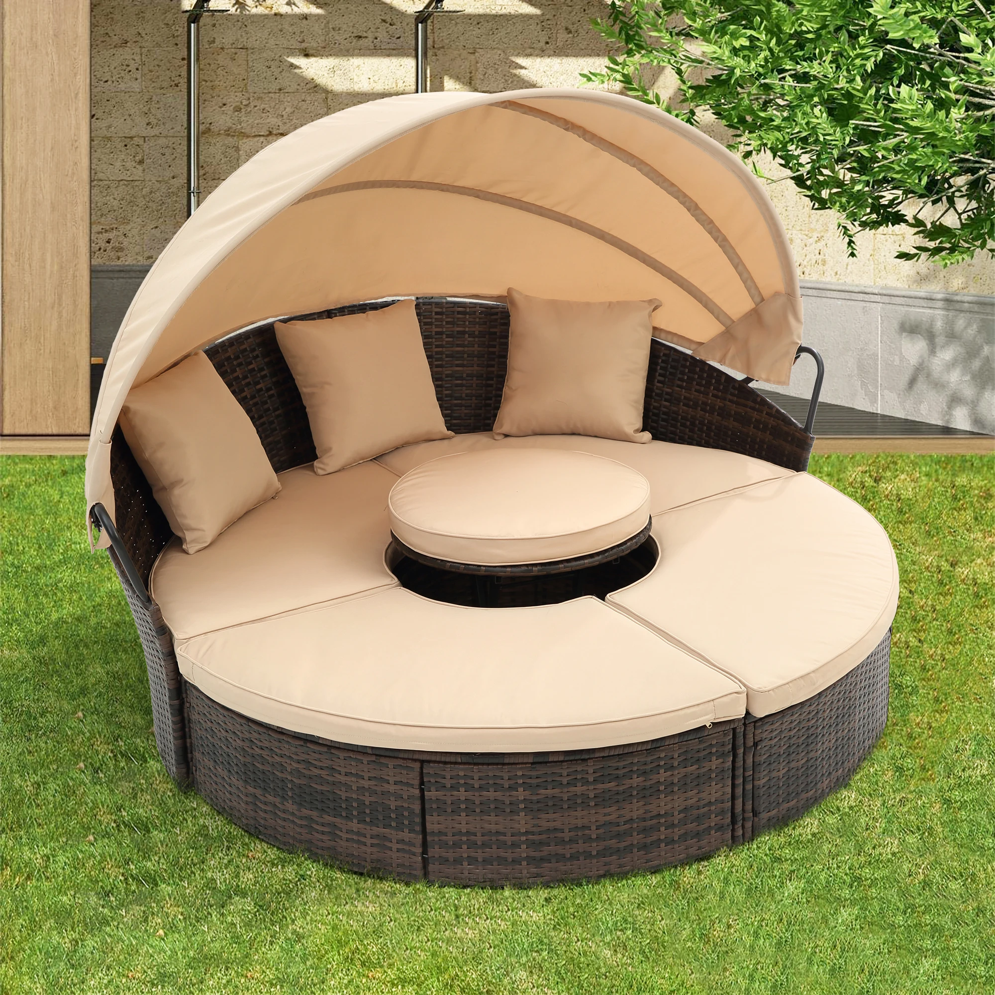 Bali Canopy Bed Outdoor, Wicker Outdoor Sofa Bed With Lift Coffee Table