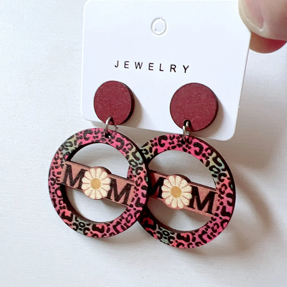 

Mother's Day Leopard Print MOM Daisy Wooden Earrings for Women Hollow Round Sunflower Lightning Drop Dangle Earring Jewelry Gift