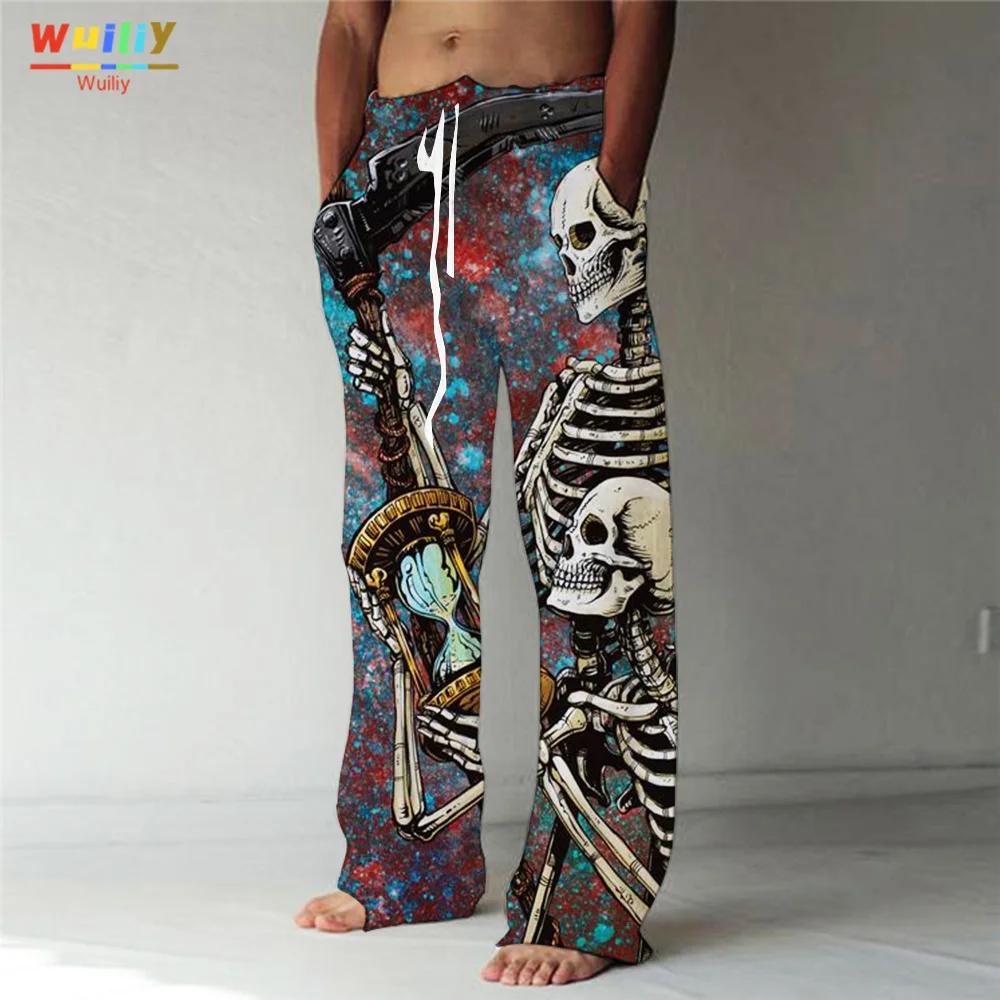 

Men's Skull Pattern Straight Trousers 3D Print Elastic Drawstring Design Front Pocket Pants Beach Skeleton Graphic Comfort
