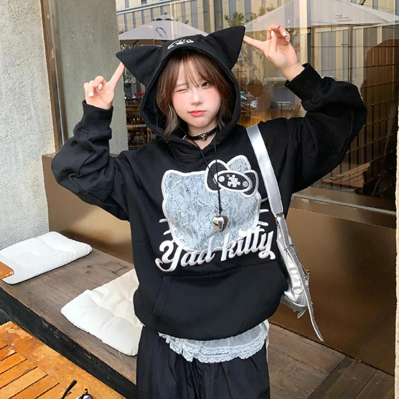 Miniso Lace Hellokitty Y2k Черная толстовка с капюшоном для девочек Аниме вышивкой KT