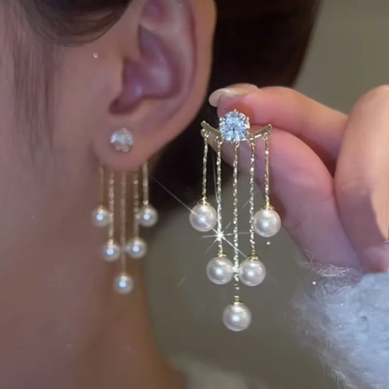 

Korean Pearl Tassel Chain Dangle Stud Earrings for Women Zircon Shiny Drop Piercing Statement Wedding Party Jewelry Ear Gift