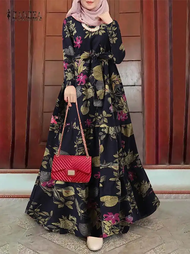 

Модный цветочный сарафан ZANZEA с принтом, Осеннее женское платье в мусульманском стиле, Турция, Abaya хиджаба, длинный рукав, длинное платье, женское элегантное платье