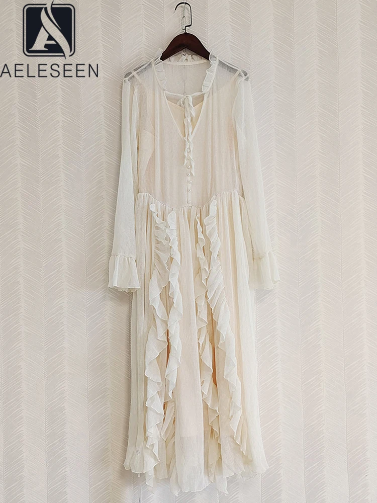 

AELESEEN Designer Fashion Women Dress Beige V-Neck Ruffles Flare Sleeve Loose Pearls Elegant Long Party Holiday With Lining