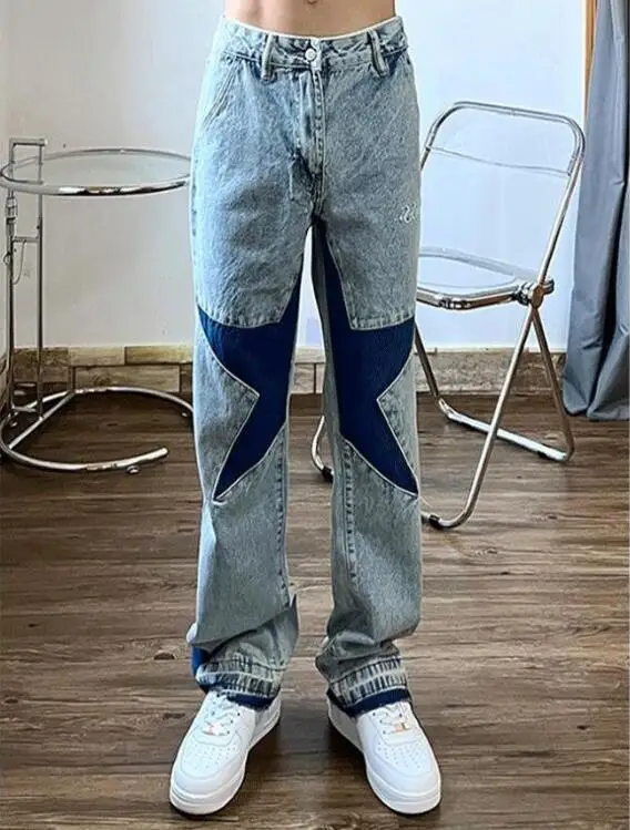 High Street Washed Distressed Jeans Men's American Hip-Hop Pentagram Stitching Loose Straight Hiphop Trousers