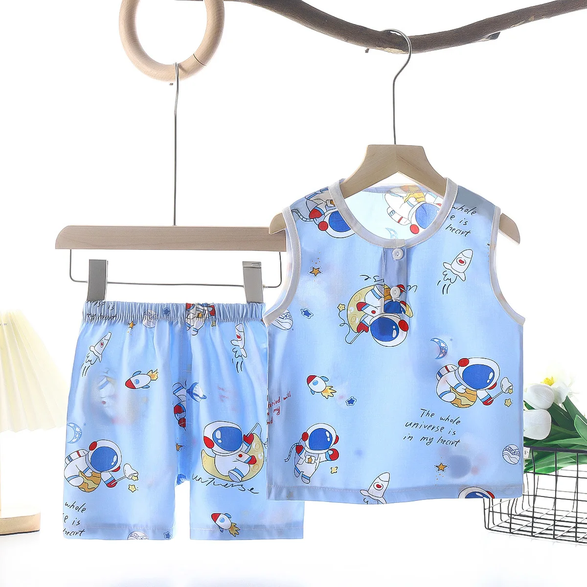 

2pcs Cute Cartoon Print Toddler Kids Pajamas Boys Vest Tops Shorts Set Blue Outfit Summer Nightdress Unisex Cotton Baby Suit