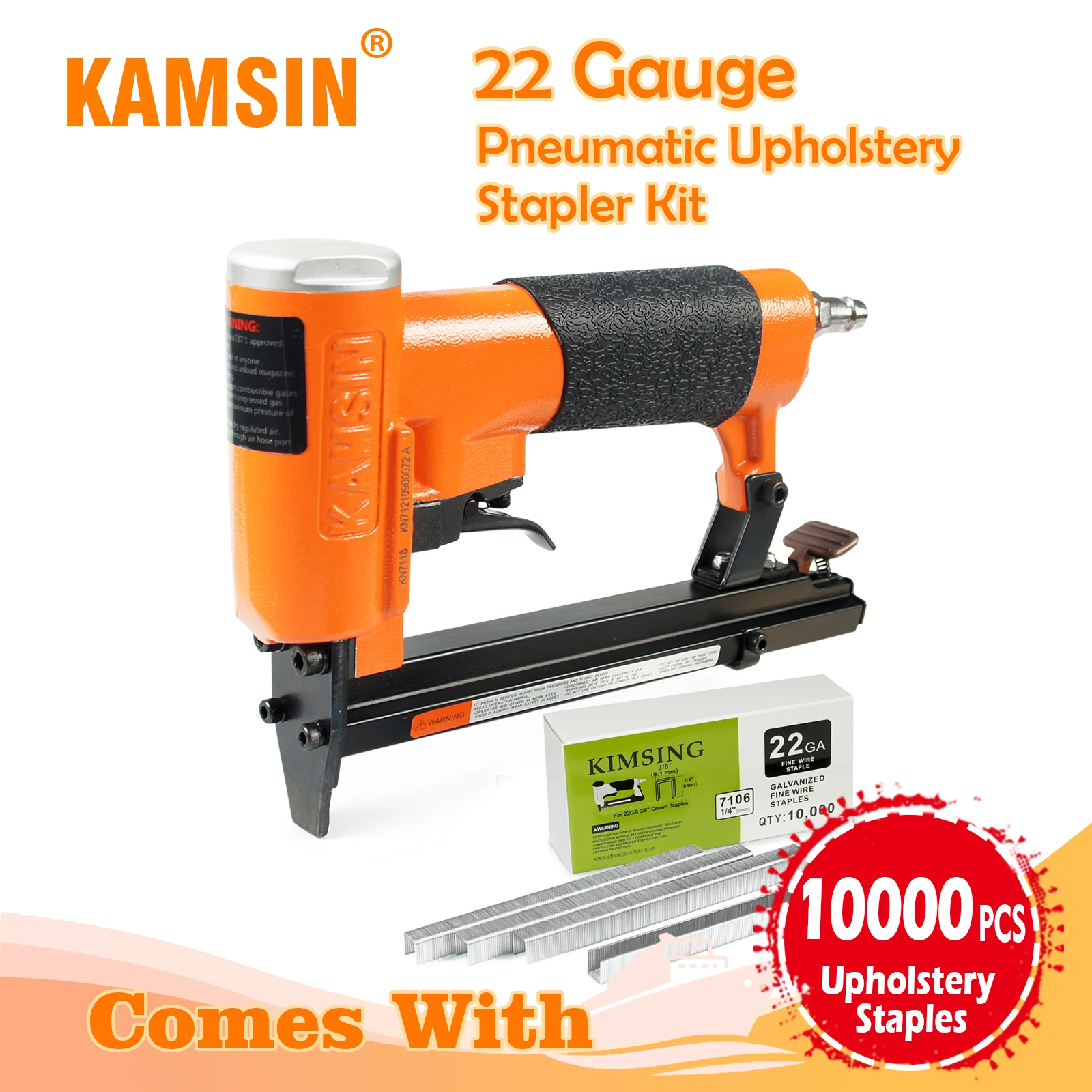 KAMSIN KN7116 22 Gauge Pneumatic Upholstery Stapler Kit Comes with 6mm or 10mm Length 10000 PCS/Box Staples, for Furniture