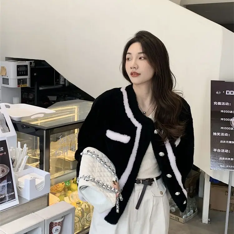 24 осень/зима новое маленькое ароматное пальто из овечьего меха с круглым вырезом