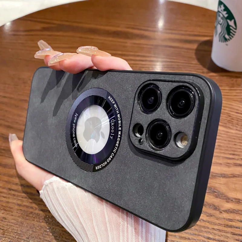 

Магнитный кожаный чехол с отверстием для логотипа для iPhone 12 13 14 Pro Max, защитная пленка для беспроводной зарядки камеры Magsafe