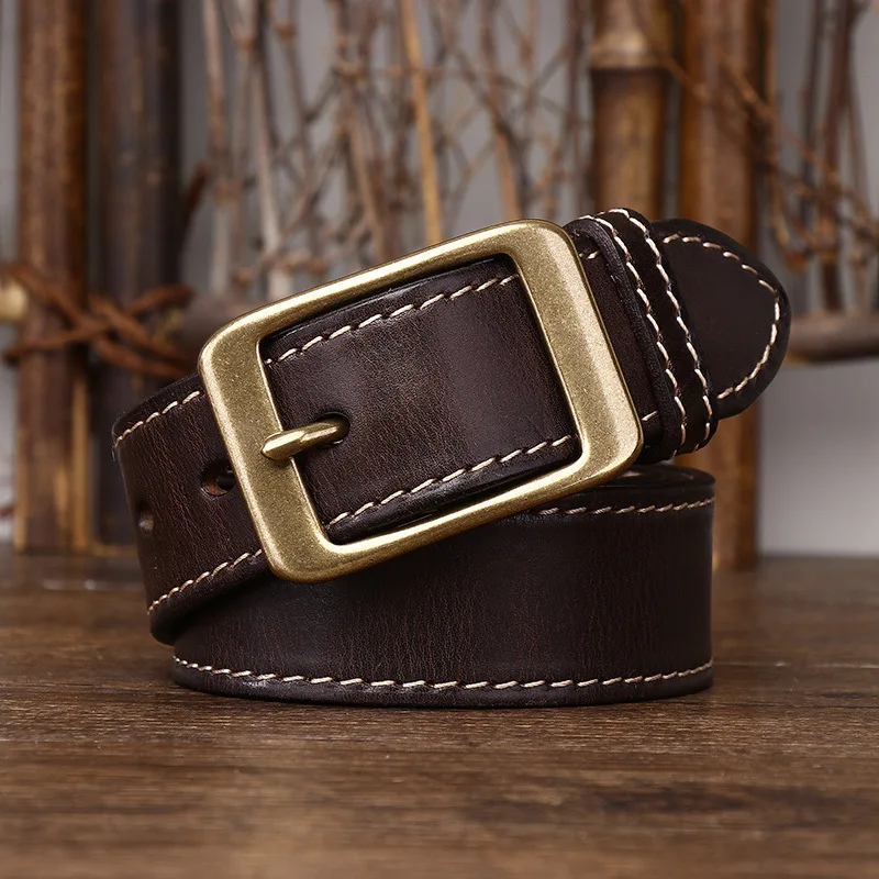 3.8 Cm Thickened Pure Cowhide Genuine Leather for Men's High Quality Jeans Brass Buckle Belts Cowboy Waistband Male Designer