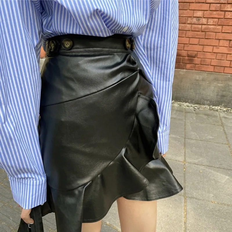

2023 Women Sexy Leather Black Skirt Fall Summer High Waist Trumpet Ruffles Y2k Indie Eelegant Wild Package Hip Lady Mini Skirt