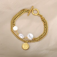 pearl stainless steel chain bracelets bangles pearl bracelet double layer chain pearl round queens head round medal bracelet