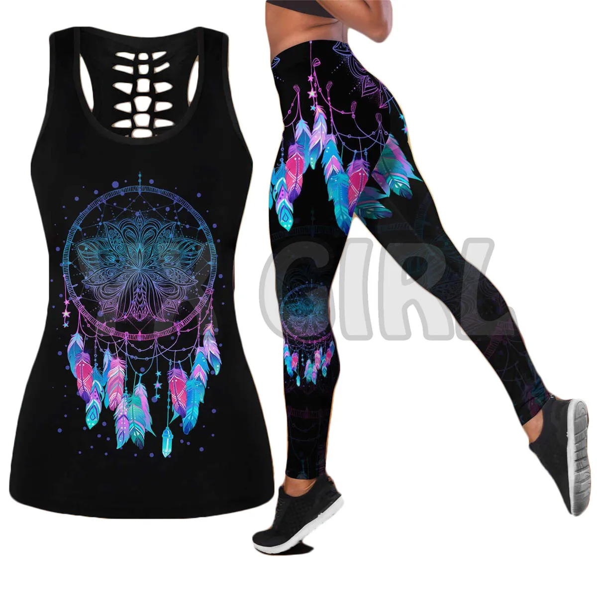 Feather Native Yoga  3D Printed Tank Top+Legging Combo Outfit Yoga Fitness Legging Women