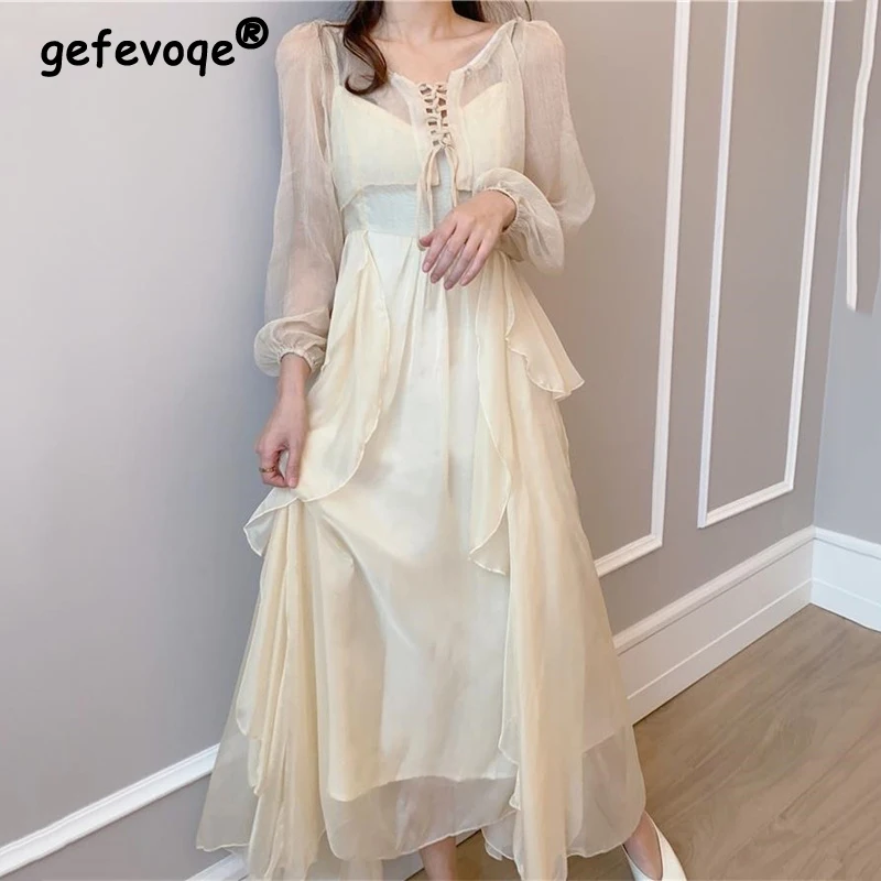 

Korean Vintage Women Sweet Chic Ruffles High Waist Elegant Fairy Princess Dress Female 2022 Summer Casual Party Dress 2Piece Set