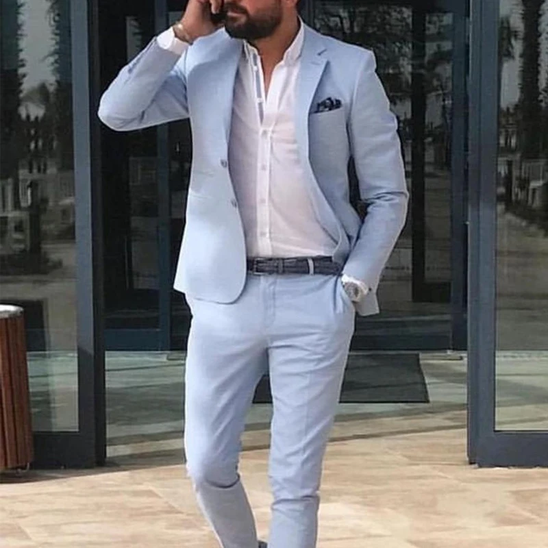 2023 Sky Blue Beach Men Suits Summer Slim Fit Groom Tuxedo For Wedding Male Fashion Costume Homme Mariage 2Piece(Jacket+Pants)