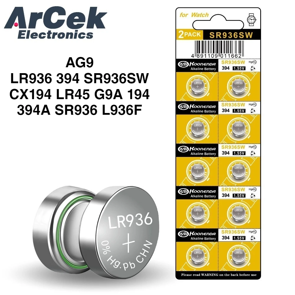 10 шт., 1,55 В, AG9, кнопочная батарея LR936 394 SR936SW CX194 LR45 G9A 194 394A SR936 L936F, батарейки-таблетки для часов, игрушек, пульта дистанционного управления (art.: 3920d16eb82ec) - 3920d16eb82ec