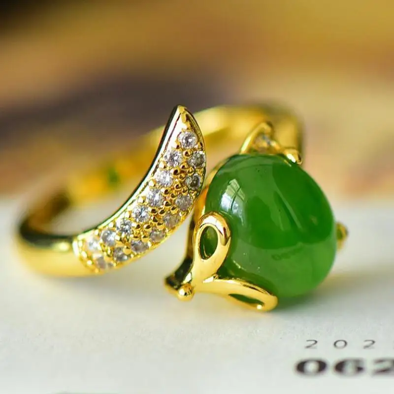 

Natural Green Jade Ring Women Fine Jewelry Accessories Genuine Hetian Jades Nephrite Zircon Fox Rings Adjustable Anillos Mujer