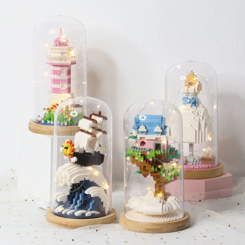 WiseHawk Micro Building Blocks One Piece Wedding Dress Lighthouse Tree House Kids Mini Brick Toys With Display Box LED Light