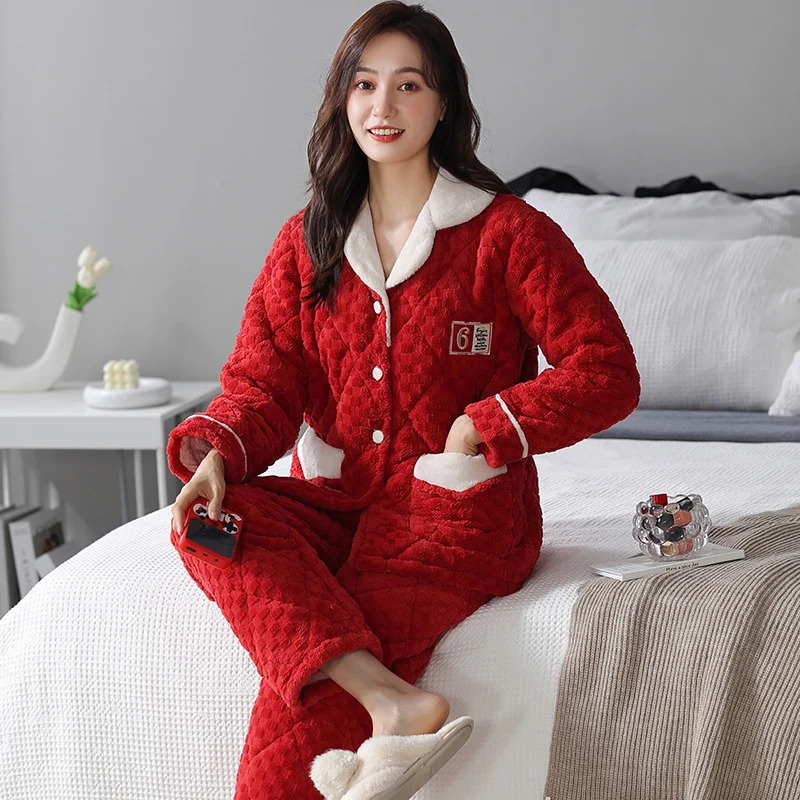Winter Pajamas For Women Three Layer Cotton Sleepwear Suits Thick Warm Female Homewear Casual Comfortable Soft Women's Clothing