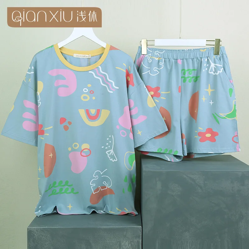 

Pajamas Women's Summer Thin Short-Sleeved Geometric Print Pyjamas Set Cotton Home Service Set Woman 2 Pieces Sleepwear