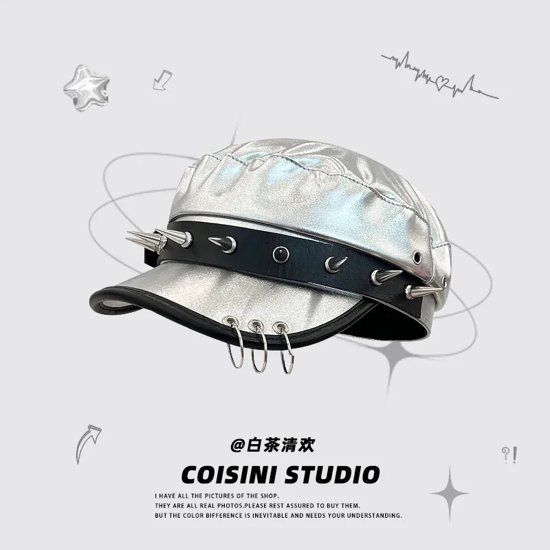 Кепка-берет Серебристая с заклепками в стиле панк