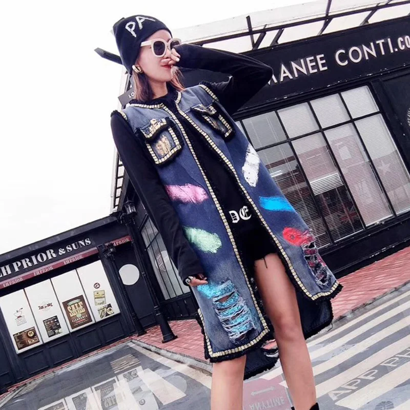 

Casual Women Loose Sleeveless Long Denim Waistcoat Coat Fashion Spring Autumn New Street Tie Dye Hole Jean Jacket Vest HF270