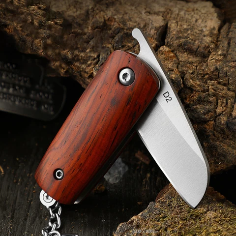 Мини-брелок D2, складной нож с ручкой из сандалового дерева, карманный нож, Походное снаряжение для кемпинга, туризма, выживания, портативный маленький резак для повседневного использования