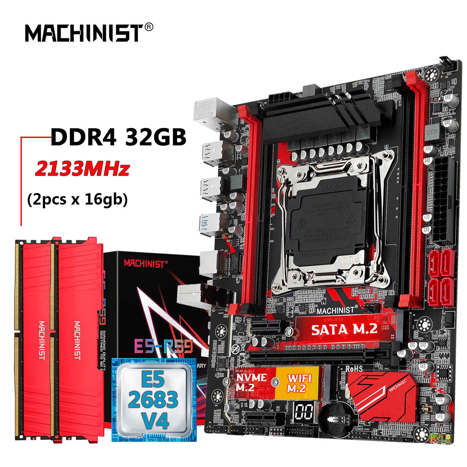 MACHINIST X99 материнская плата Combo LGA 2011-3 E5 2683 V4 комплект ЦП Xeon DDR4 2*16 ГБ = 32 ГБ ОЗУ 2133 МГц NVME M.2 USB 3,0 RS9 четыре канала
